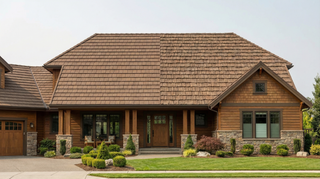 Side by side comparison of DECRA Shake XD and Westlake Pine Crest stone coated steel shake roofing on a home.