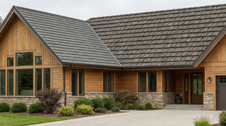 Side by side comparison of DECRA Shingle XD and Westlake Granite Ridge premium metal shingles on a home