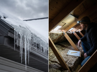 Ice dam forming along metal roof eave with snow above, while a homeowner reviews attic ventilation and insulation checklist.