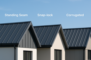 Side-by-side view of three low-slope metal roof styles: standing seam, snap-lock, and corrugated panels on modern buildings.