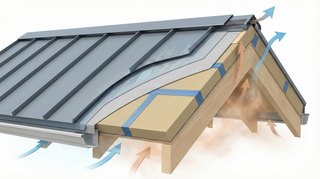 Metal roof ventilation and underlayment diagram showing how to prevent condensation in roof assemblies.