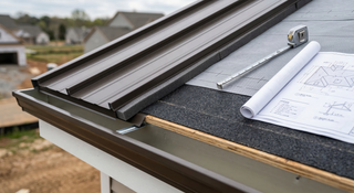 Metal roof eave detail showing gutter apron drip edge underlayment overlap and foam closure installed beneath the first panel edge.