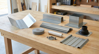 Metal roof flashing components on a workbench including valley flashing, step flashing, chimney flashing pieces, pipe boot, butyl tape, and gasketed screws for leak prevention.