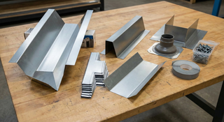 Metal roof flashing set staged for installation showing valley flashing, step flashing, chimney backpan, and pipe boot parts for leak prevention.