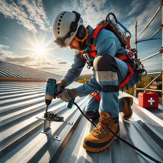 Professional roofer in full safety gear installing a metal roof panel, using a power tool with a safety harness attached, on a clear day, emphasizing optimal safety practices in roofing.