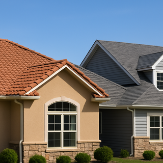 Side-by-side suburban homes showing a metal tile roof and an asphalt shingle roof under a clear blue sky