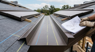 Open metal roof valley flashing installed over self-adhered ice and water membrane with a clear fastener-free water channel.