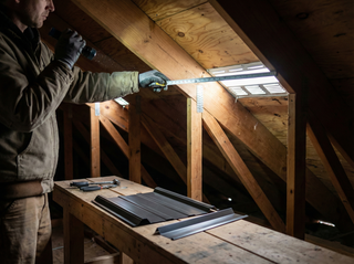 Contractor measuring roof decking and truss spacing before ordering a metal roofing system.