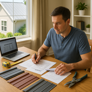 Homeowner reviewing roofing costs with metal panel samples, tools, and budget plans in a bright workspace with a metal-roofed house in view.