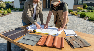 Homeowner estimating metal roofing materials cost using roof plan, pitch factors, and a bill of materials checklist with metal panel, shingle, shake, and tile samples