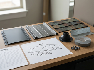 Metal roofing glossary worksheet with roof diagram, labeled flashing parts, and metal panel samples on a desk.