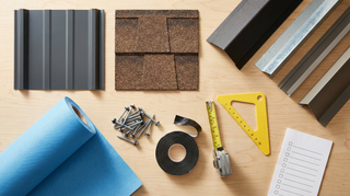 Metal roofing materials checklist flat lay showing panels, trim, fasteners, underlayment, and flashing components for a complete roof system.