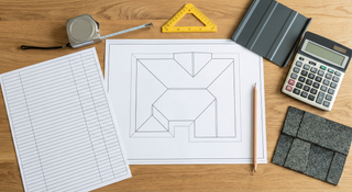 Metal roofing takeoff worksheet on a desk with roof plan, measuring tape, calculator, and metal roofing samples for accurate bill of materials planning.