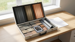 Metal roofing sample kit with panels and trim next to a warranty document showing what coverage to review before buying.