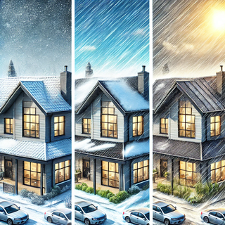 Different homes with metal roofs in various extreme weather conditions, demonstrating the durability and protective capabilities of metal roofing.