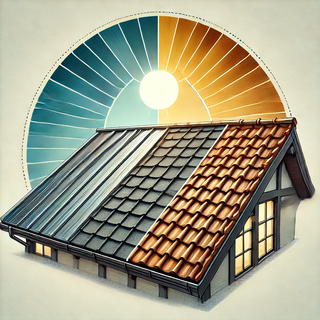 House roof divided into three sections showing different roofing materials: shiny metal, weathered asphalt shingles, and traditional clay tiles, under a clear blue sky with sunlight reflecting off the metal roof.