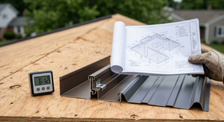 Roof pitch gauge on a roof showing a standing seam panel seam next to an exposed fastener metal panel to compare low slope suitability.