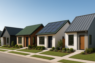 Modern homes showcasing trending metal roof styles including matte black panels, deep green shingles, solar integration, and vertical panel design.
