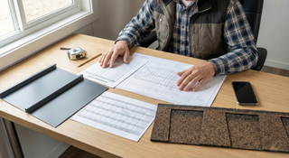 Contractor reviewing a metal roofing order checklist with delivery schedule, roof plan, and metal roofing samples before staging materials on a jobsite.