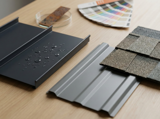 PVDF and SMP painted metal panel samples beside a stone coated metal shingle sample showing different roofing finish textures.