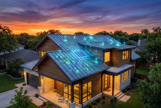 High-tech AI-powered smart sensor system integrated into a modern residential metal roof for leak detection.
