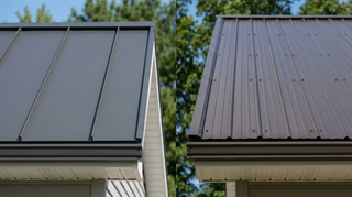 Standing seam metal roof panels beside exposed fastener ribbed metal panels on two roofs, showing concealed seams versus visible screw lines.