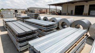 Stacked Galvalume and galvanized steel roofing panels showing protective coatings at a premium metal roofing supplier.