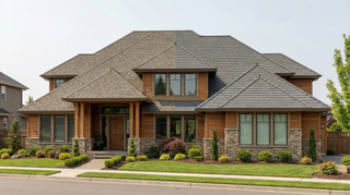 Side by side comparison of Westlake Cottage Shingle and DECRA Shingle XD stone coated steel shingles on a home.